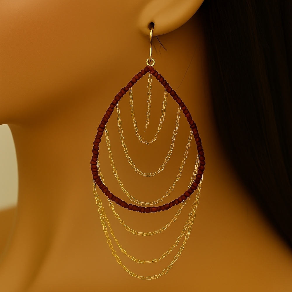 Women's Gold Drop Earrings - Dangling Chain Red Beads Hoop Fashion Jewelry